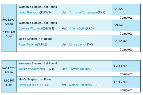 Australian Open 2011 Day 1 schedule